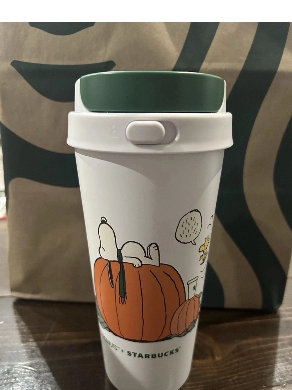 Starbucks White Travel Tumbler with Green Lid and Snoopy Pumpkin Art